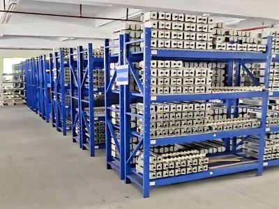稻润工厂实拍：成品仓库，蓝色货架整齐码放端部零件与模组底座