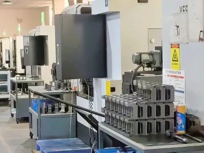 稻润工厂实拍：磨床旁堆叠的模组底座零件与周转料筐