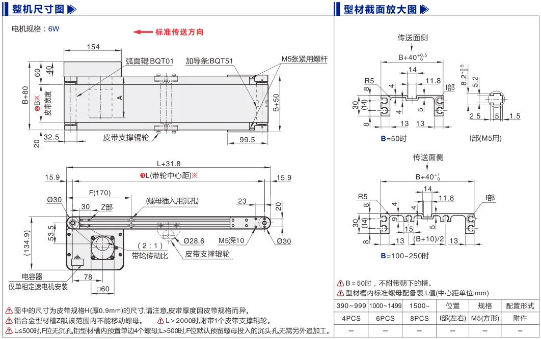平皮带输送机｜弧面辊导正｜双槽型材｜头部驱动全型材型(Ø30) 尺寸图