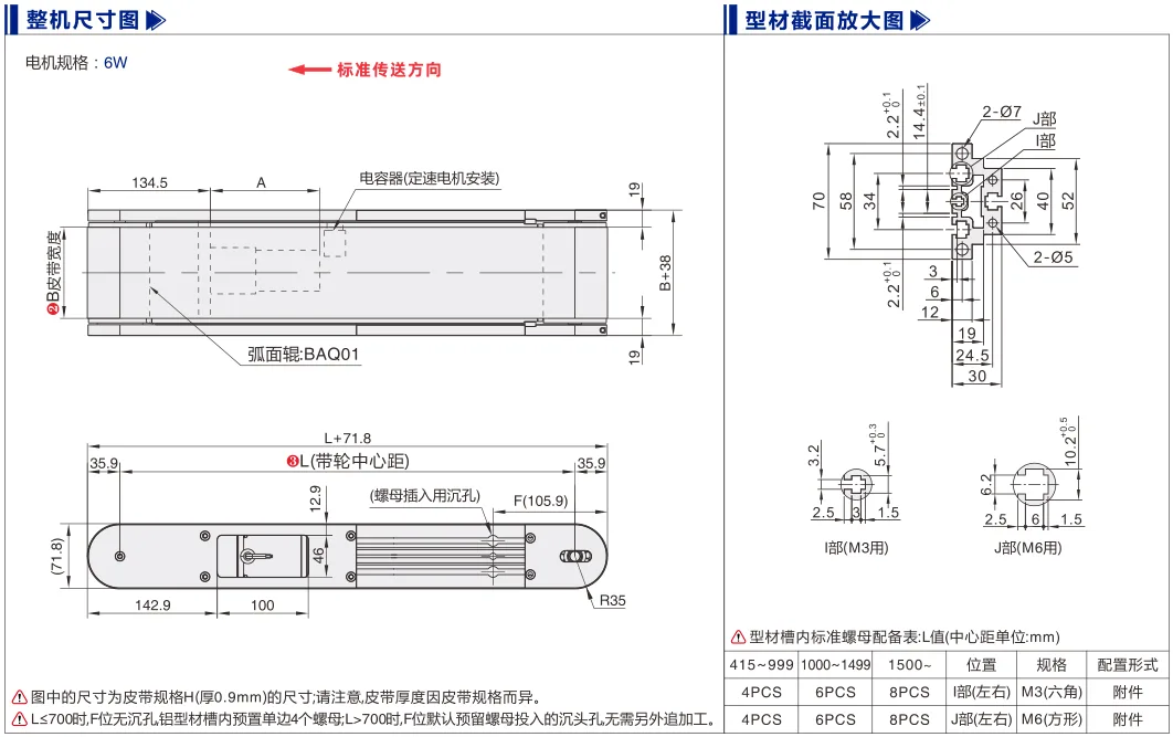 平皮带输送机｜弧面辊导正｜三槽型材｜内置电机标准型(Ø70) 尺寸图