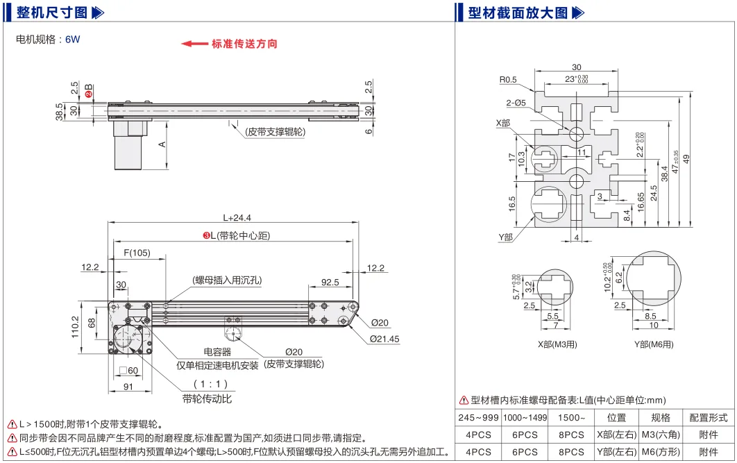 同步带输送机｜挡边导正｜三槽型材｜头部驱动20mm带宽单列型(Ø20) 尺寸图