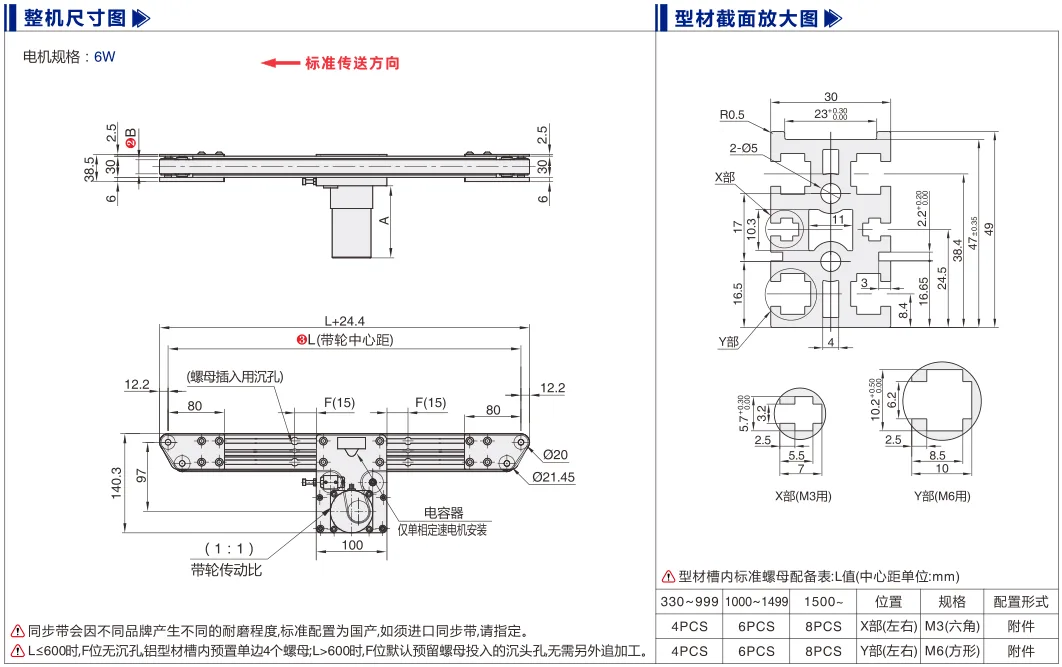 同步带输送机｜挡边导正｜三槽型材｜中间驱动20mm带宽单列型(Ø20) 尺寸图