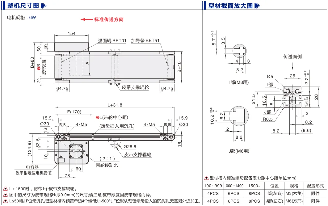 平皮带输送机｜导条导正｜双槽型材｜头部驱动轻载型(Ø30) 尺寸图