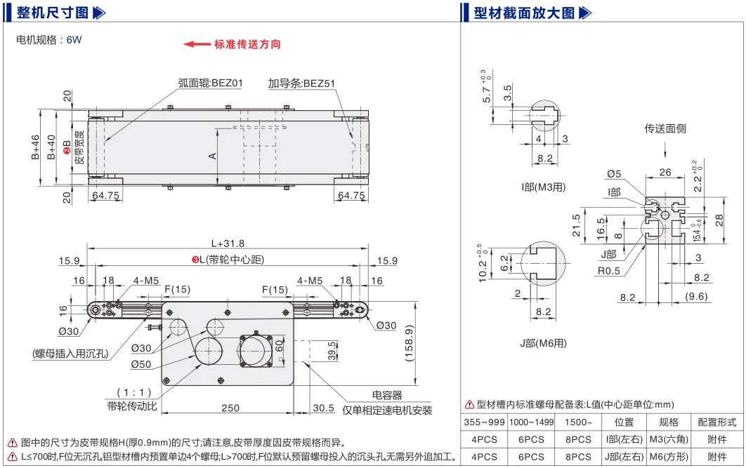 平皮带输送机｜弧面辊导正｜双槽型材｜中间驱动轻载型(Ø30) 尺寸图