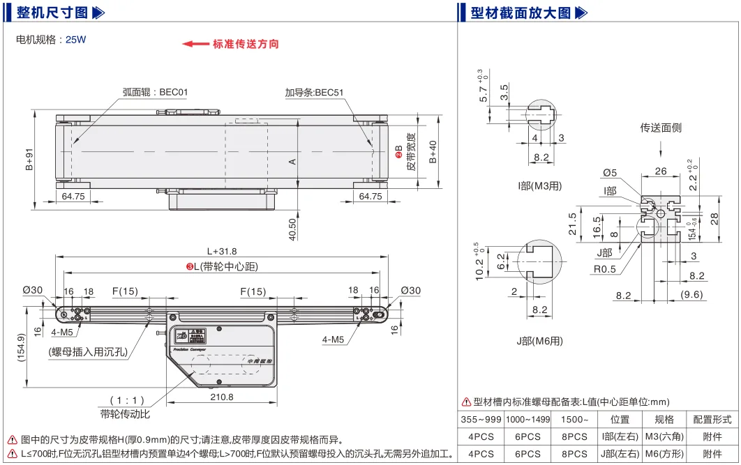 平皮带输送机｜弧面辊导正｜双槽型材｜中间驱动传动外置(Ø30) 尺寸图