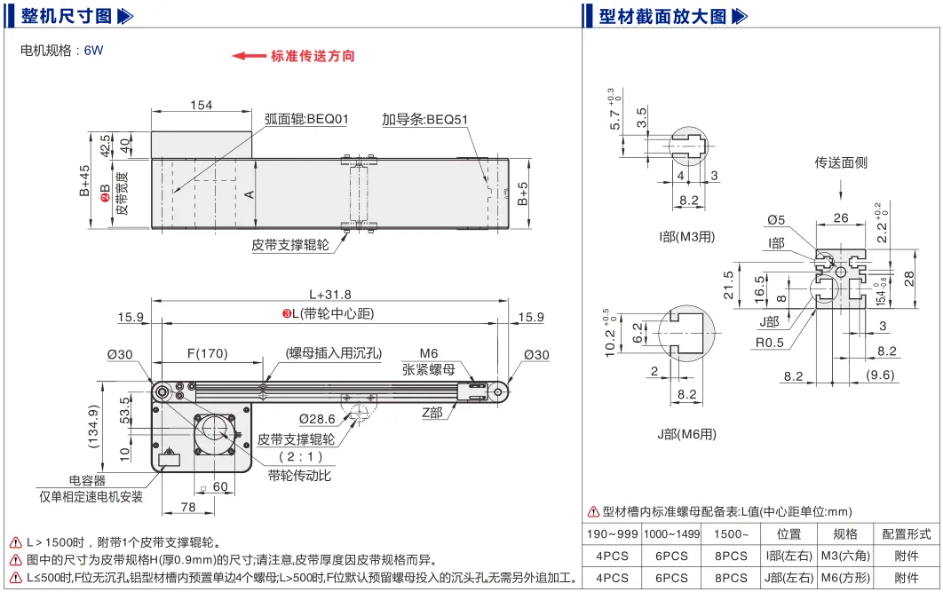 平皮带输送机｜导条导正｜双槽型材｜头部驱动全皮带型(Ø30) 尺寸图