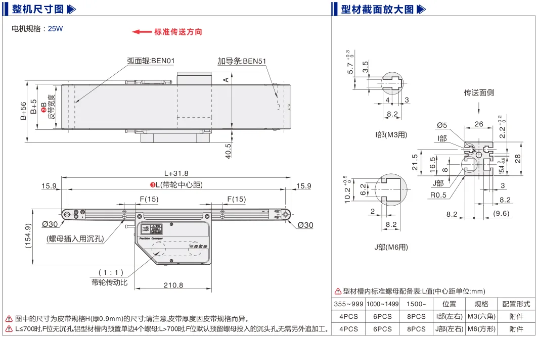 平皮带输送机｜弧面辊导正｜双槽型材｜中间驱动全皮带型(Ø30) 尺寸图