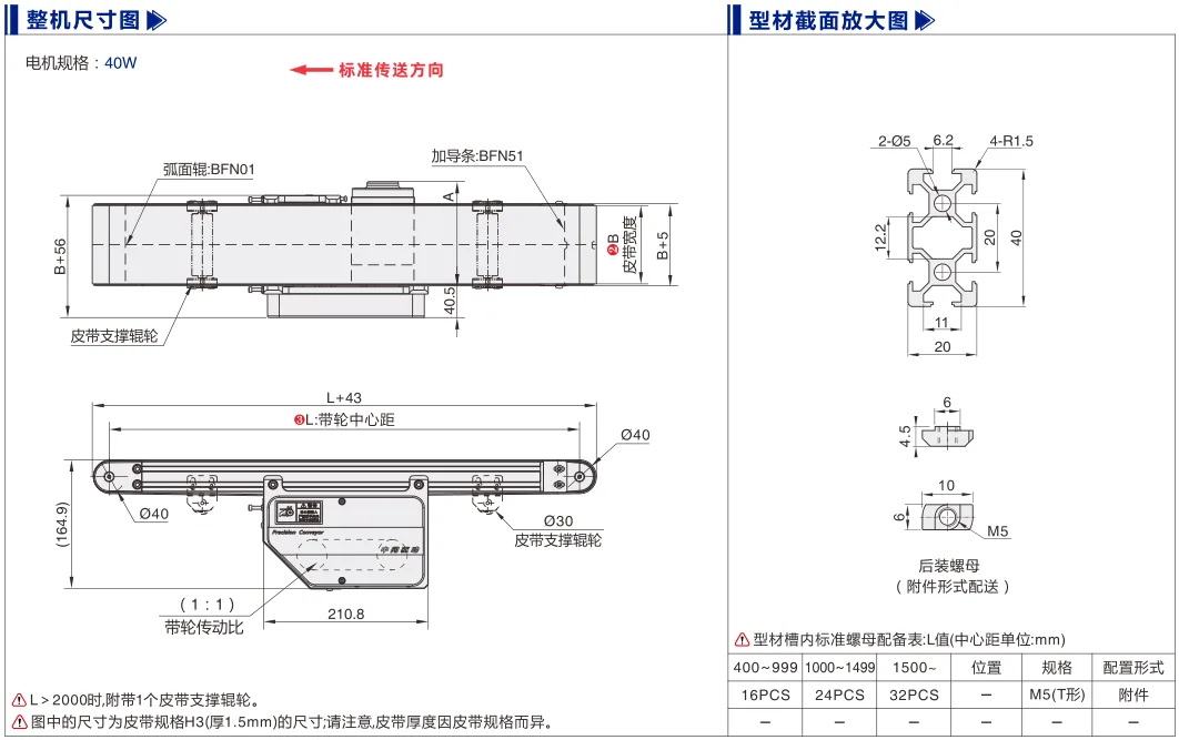 平皮带输送机｜导条导正｜双槽型材｜中间驱动全皮带型(Ø40) 尺寸图