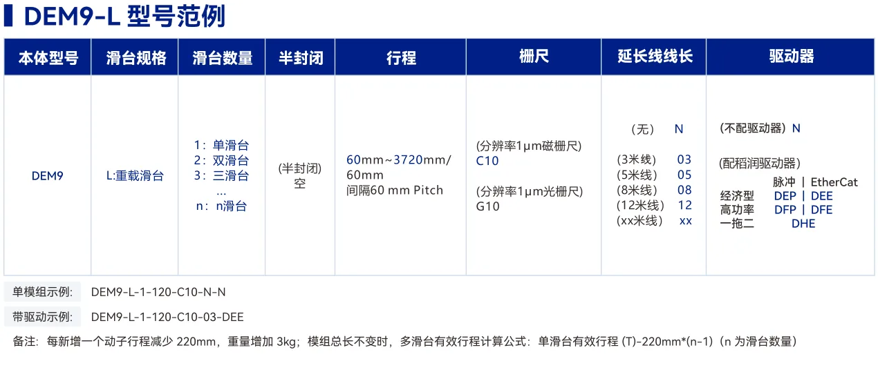 DEM9 内嵌轨道重载型 选型表